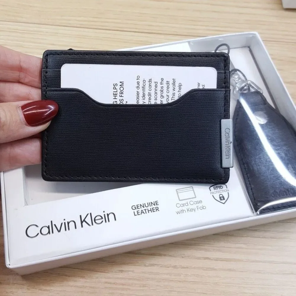 CALVIN KLEIN Mens Wallet Black Leather Card Case Keychain Key Fob